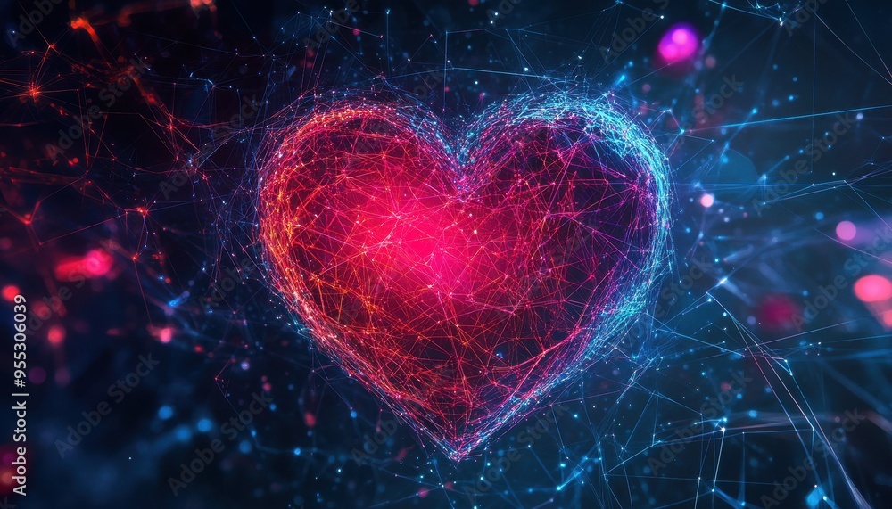 Technological Heartbeat: Conceptual Illustration of Glowing Digital Threads Surrounding a Heart Symbolizing Science, Creativity, and AI Intersection Technological Heartbeat: Conceptual Illustration of Glowing Digital Threads Surrounding a Heart Symbolizing Science, Creativity, and AI Intersection