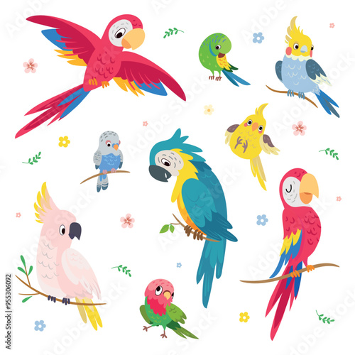 Cartoon parrots. Tropical parrot, exotic birds vibrant funny characters. Flying and sitting animals, cockatoo on branch. Cute childish mascots nowaday vector set