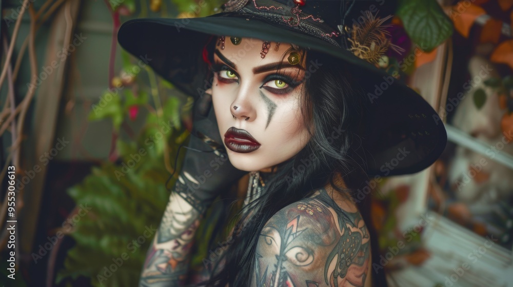 Mysterious witch with tattoos in enchanted forest ambiance Mysterious witch with tattoos in enchanted forest ambiance