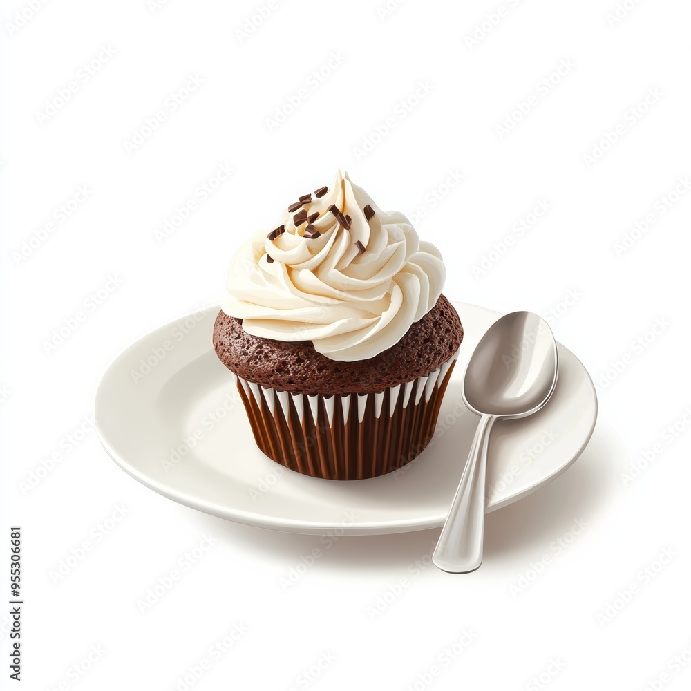 A realistic illustration of a chocolate muffin with a swirl of cream on top, placed on a white plate with a spoon beside it A realistic illustration of a chocolate muffin with a swirl of cream on top, placed on a white plate with a spoon beside it