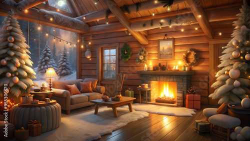 Cozy Christmas interior with warm fireplace and festive decorations against wooden cabin background