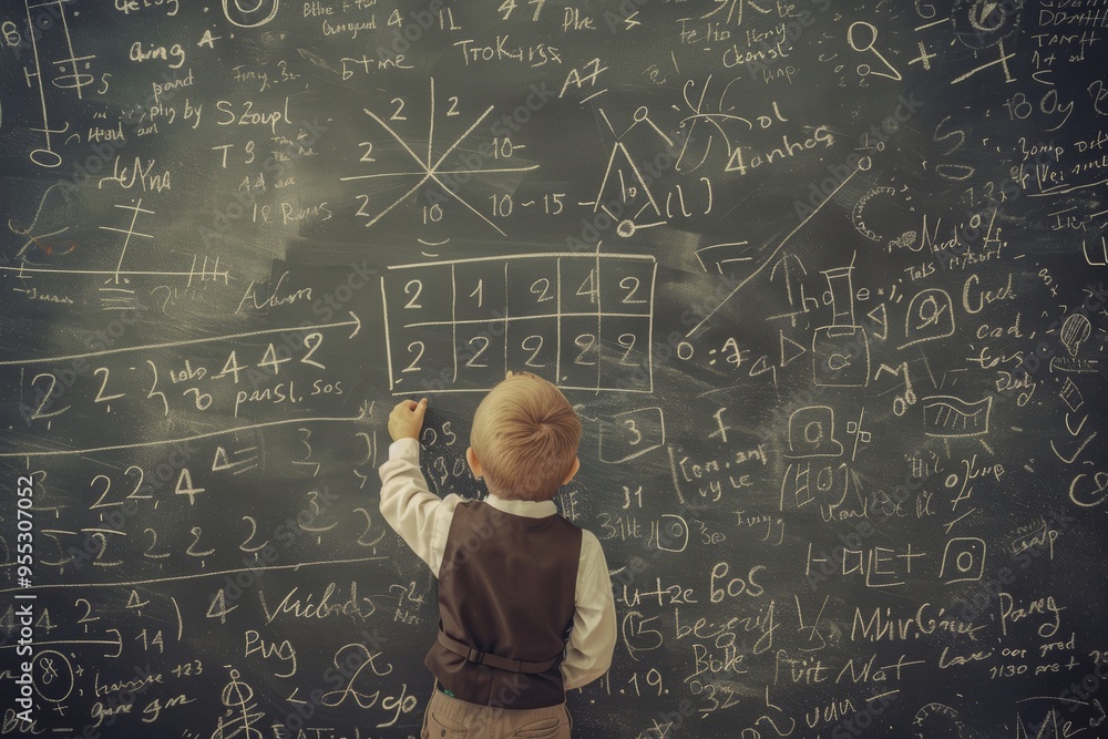 Young student solving math equations on chalkboard Young student solving math equations on chalkboard