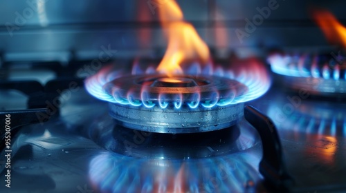 Blue gas flame on modern kitchen stove burner