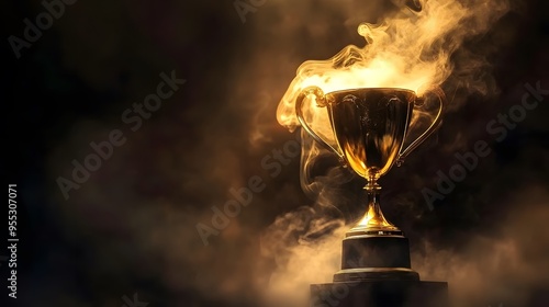 Smoking Golden Trophy Highlighting Business Achievement, A Masterpiece of Photography on Dark Background