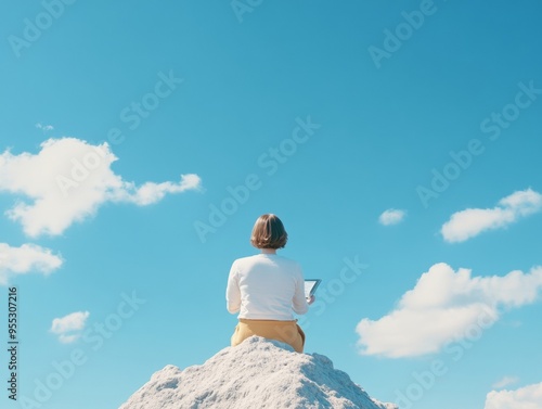 Female Financial Analyst on Mountain Peak Reviewing Report, Representing Achieving Financial Goals and Overcoming Challenges, Daytime, Inspiring