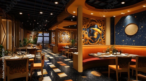 A dynamic restaurant with vibrant 3D-rendered decor and changing themes