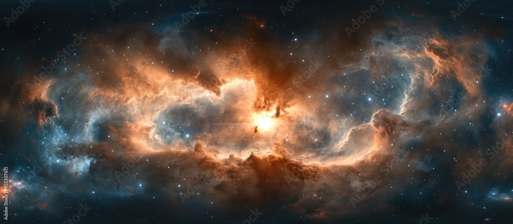 360 degree interstellar cloud of dust and gas depicted in 3D cartoon ...