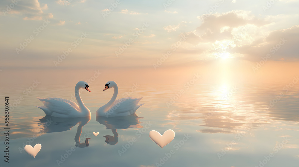 Fototapeta premium Two white swans in love, on the water with a sunset and hearts, in pastel colors,