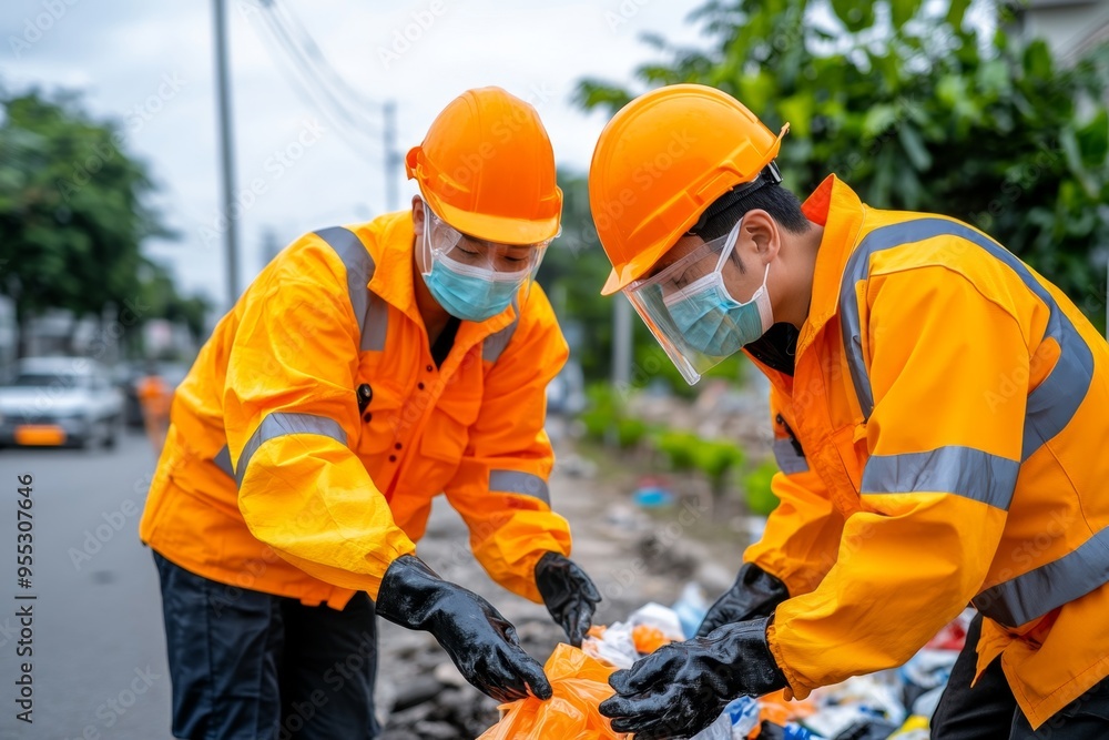 Garbage and public health safety are featured in a realistic photo of a clean, organized waste disposal site with workers wearing protective gear Garbage and public health safety are featured in a realistic photo of a clean, organized waste disposal site with workers wearing protective gear