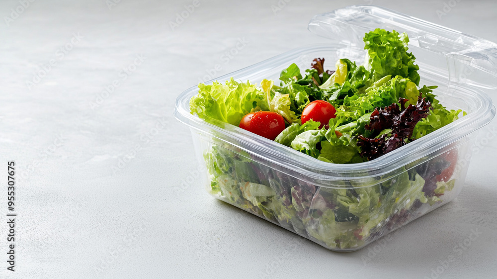 A transparent plastic disposable food container with a lid, filled with fresh salad, placed on a clean white surface, mockup for packaging design. Ai generated A transparent plastic disposable food container with a lid, filled with fresh salad, placed on a clean white surface, mockup for packaging design. Ai generated