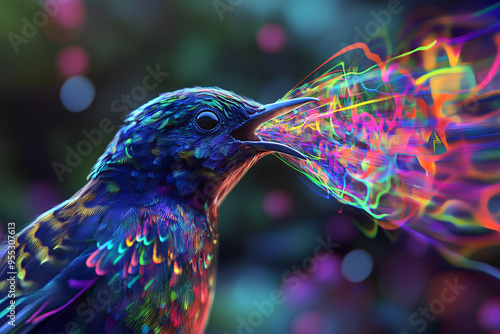 A colorful bird spitting out psychedelic rainbow strings from its beak photo