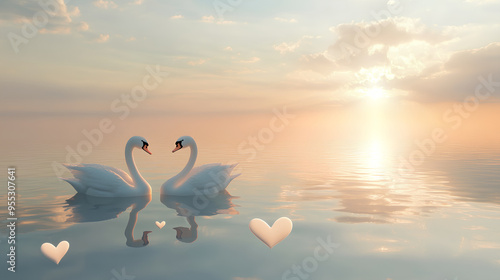 Fototapeta Naklejka Na Ścianę i Meble -  Two white swans in love, on the water with a sunset and hearts, in pastel colors,