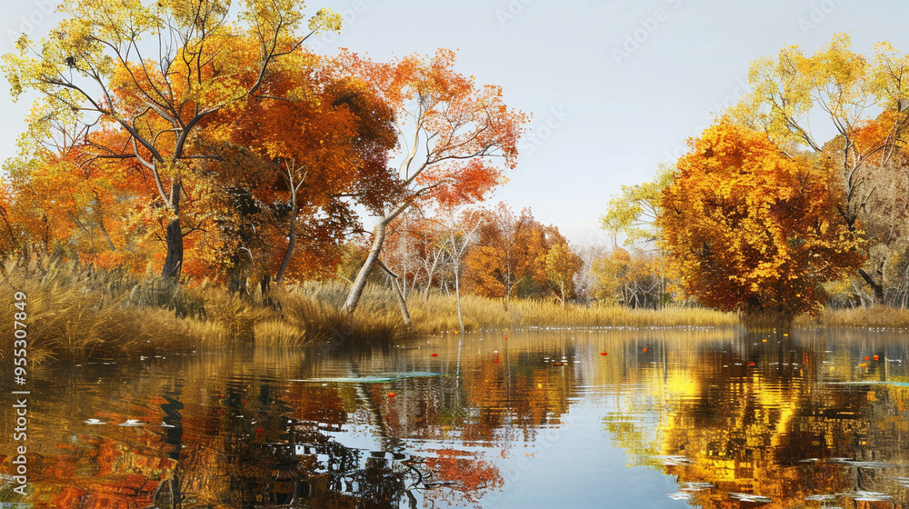 Obraz premium Autumn landscape, Riverbank with trees in full fall colors, Reflection of foliage in the water, Clear and crisp afternoon light, Calm and serene.