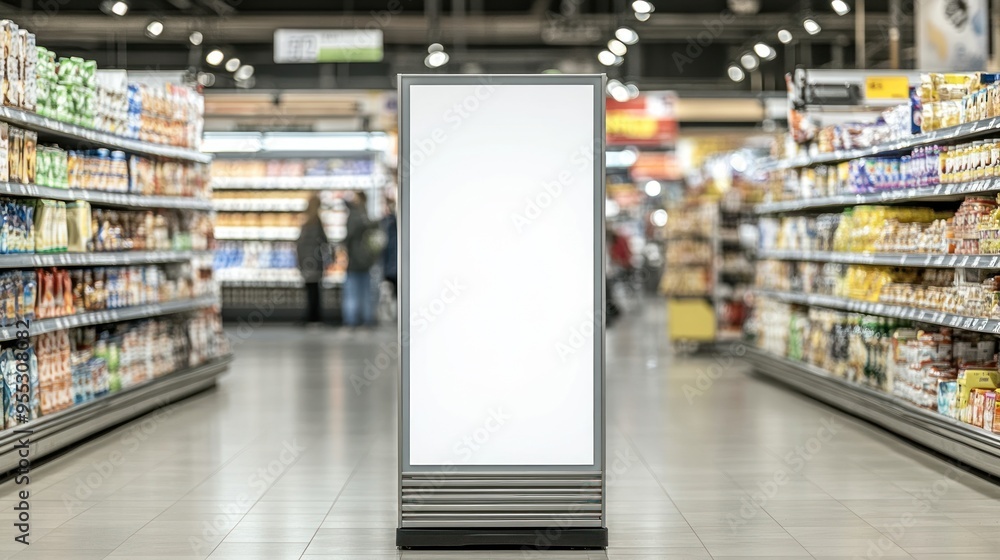 Blank Vertical Billboard in Supermarket for Mockup. Blank Vertical Billboard in Supermarket for Mockup.