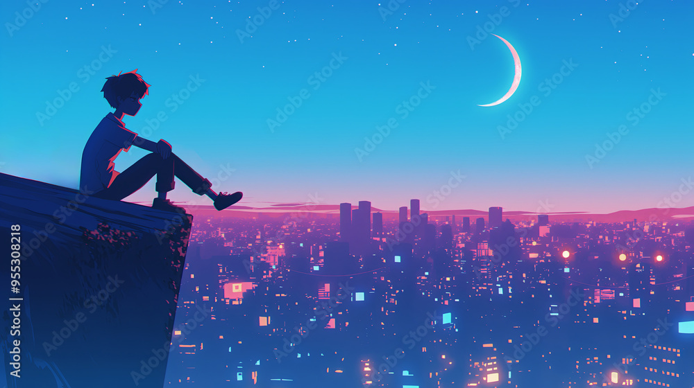 A lofi cartoon illustration of a boy sitting on the edge of a mountain, overlooking the city with a crescent moon in the sky, pastel colors. Relaxing, positive vibes. Stars, mountains. A lofi cartoon illustration of a boy sitting on the edge of a mountain, overlooking the city with a crescent moon in the sky, pastel colors. Relaxing, positive vibes. Stars, mountains.