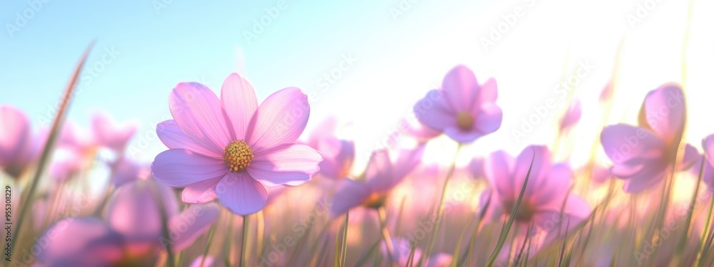 Blurred background of pink cosmos flowers in an autumn field rendered in 3D cartoon style Blurred background of pink cosmos flowers in an autumn field rendered in 3D cartoon style