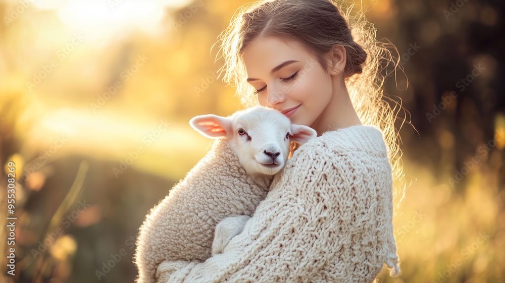 A young woman in a cozy sweater gently holding a fluffy lamb in her arms, with a serene countryside backdrop. Ai generated A young woman in a cozy sweater gently holding a fluffy lamb in her arms, with a serene countryside backdrop. Ai generated