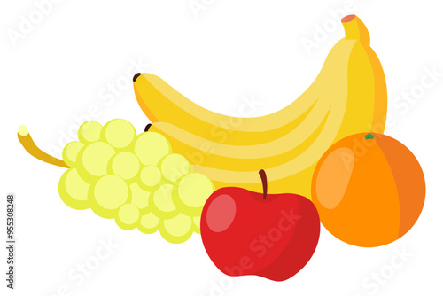Fruits. Banana, apple, grape, orange. Healthy food, diet, proper nutrition, fat, protein, carbohydrates, lifestyle, healthcare, fitness, weight loss or gain, snack, vitamins. Vector illustration
