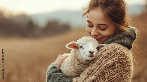 A young woman in a cozy sweater gently holding a fluffy lamb in her arms, with a serene countryside backdrop. Ai generated