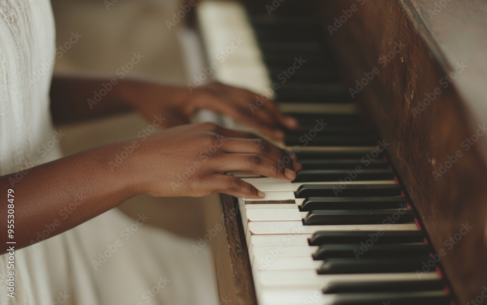 Obraz premium Interracial Young Couple Playing Vintage Piano in Cozy Room, Expressing Joy and Tranquility Amid Financial Crisis