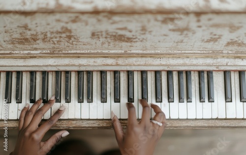 Joyful Young Interracial Couple Playing Piano in Vintage Room as Escape from Financial Crisis, Daytime Tranquility, Nostalgic Mood photo