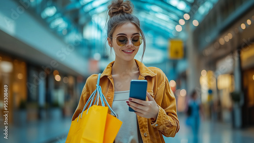 A young woman with a modern and stylish appearance, carrying shopping bags and using her smartphone while walking through a vibrant shopping mall. She exudes confidence and happiness. Ai generated