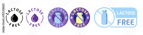 Lactose free label. Diet, drop, fermented milk product, lactase enzyme, intolerance, indigestion, digestive problem disorder, congenital, acquired, intestines, stomach, alternative, crossed out bottle