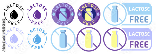 Lactose free label. Diet, drop, fermented milk product, lactase enzyme, intolerance, indigestion, digestive problem disorder, congenital, acquired, intestines, stomach, alternative, crossed out bottle