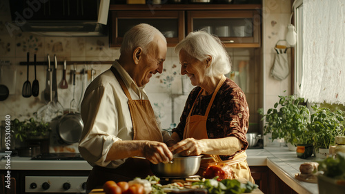 An elderly couple sharing a joyful moment while cooking together in their kitchen, exchanging loving glances and warm hugs, highlighting their bond and happiness. Ai generated photo