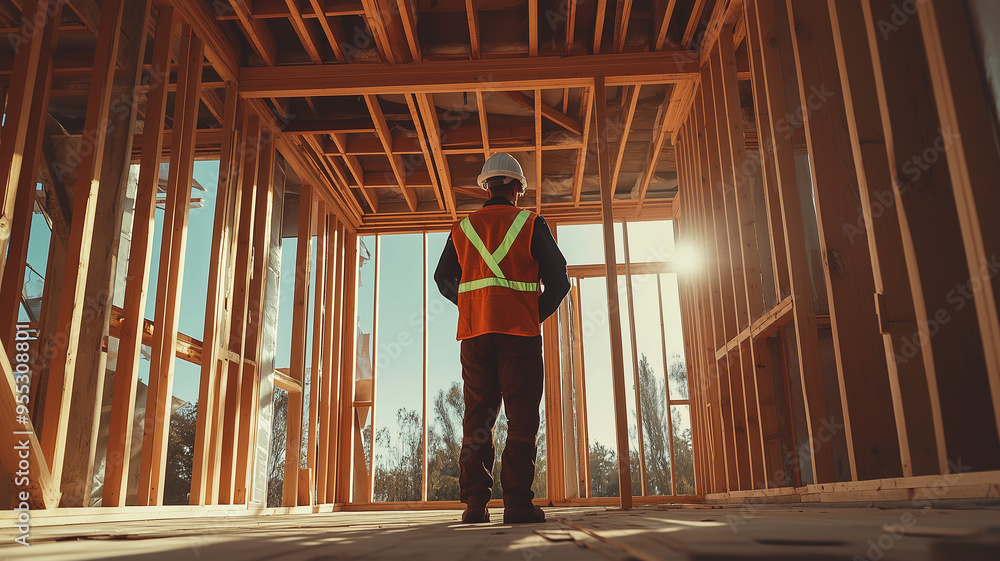 An engineer in a hard hat and reflective vest inspecting the structural framework of a newly built house. Ai generated An engineer in a hard hat and reflective vest inspecting the structural framework of a newly built house. Ai generated