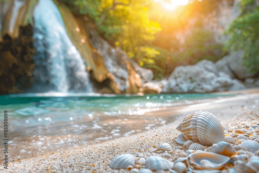 Tranquil beach escape with shells and waterfall Tranquil beach escape with shells and waterfall