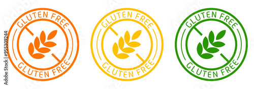 Gluten free label. Diet, label, tag, intolerance, healthy products, lifestyle, health care, disorder, indigestion, digestive system problems, disease, ear of wheat, alternative, substitute. Vector