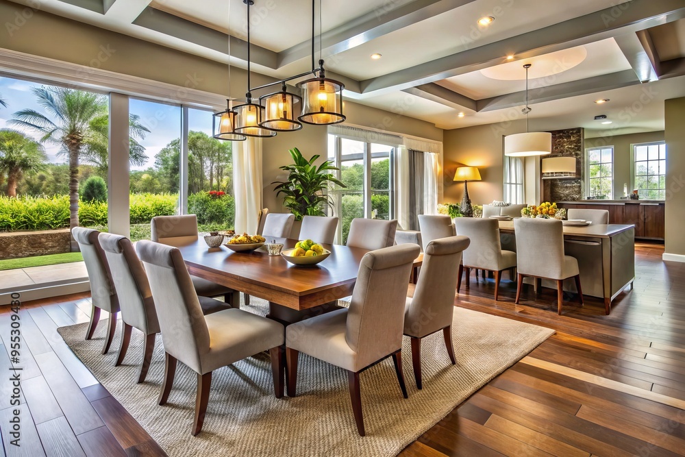Spacious contemporary dining room features a stylish set for 8 with ample seating for gatherings and inviting decor Spacious contemporary dining room features a stylish set for 8 with ample seating for gatherings and inviting decor