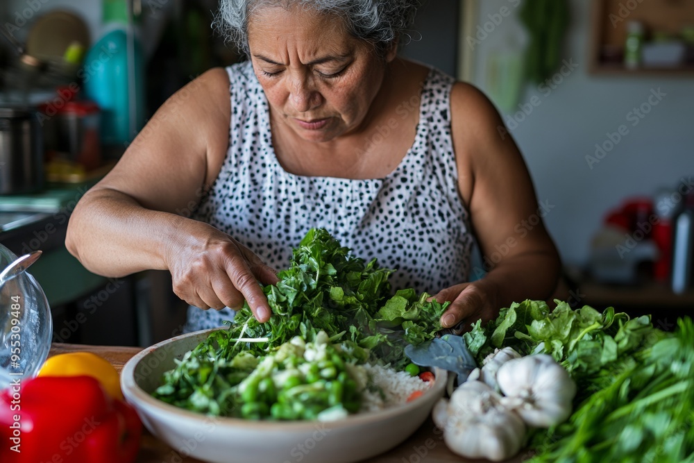 Middle-Aged Hispanic Woman Cooking Simple Meal in Frugal Kitchen During Financial Crisis Middle-Aged Hispanic Woman Cooking Simple Meal in Frugal Kitchen During Financial Crisis