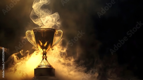 Smoking Golden Trophy Highlighting Business Achievement, A Masterpiece of Photography on Dark Background