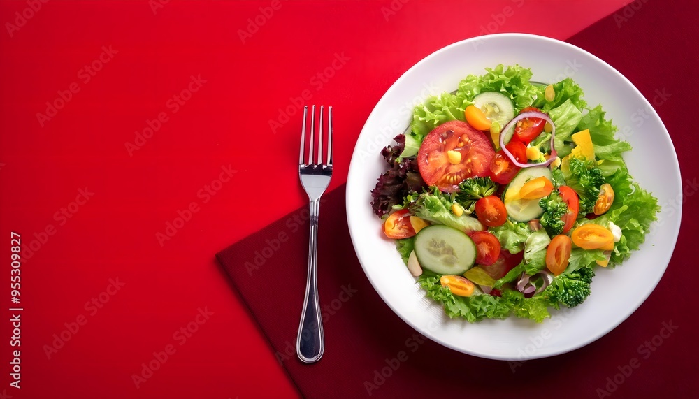 Top view a white plate Special delicious various kinds of vegetable healthy salad on the red abstract background. Copy Space, World Food Day concepts Top view a white plate Special delicious various kinds of vegetable healthy salad on the red abstract background. Copy Space, World Food Day concepts