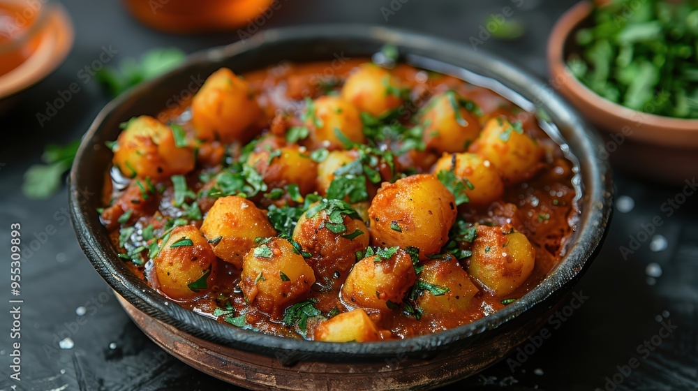Aloo curry potato dish, diwali holiday traditional Indian food, closeup view Aloo curry potato dish, diwali holiday traditional Indian food, closeup view