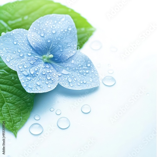 Delicate blue flower with water droplets resting on fresh green leaf, symbolizing purity and nature's beauty.