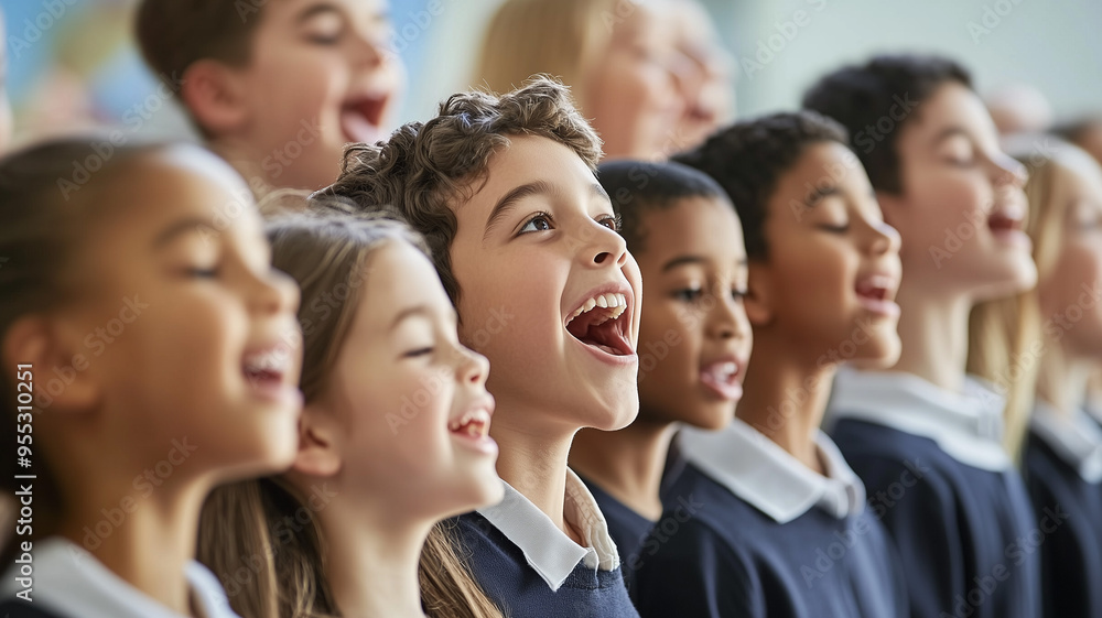 Close-up of a group of students singing passionately in a school choir concert, with an energetic music teacher directing from the front of the stage. Ai generated Close-up of a group of students singing passionately in a school choir concert, with an energetic music teacher directing from the front of the stage. Ai generated