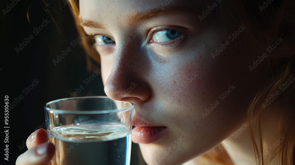 Detailed shot of a Caucasian woman enjoying a glass of water, focusing on her facial expression and the cool, clear water. The image conveys a sense of health and wellness. Ai generated Detailed shot of a Caucasian woman enjoying a glass of water, focusing on her facial expression and the cool, clear water. The image conveys a sense of health and wellness. Ai generated