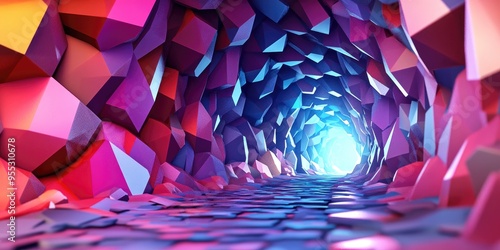 Fototapeta Naklejka Na Ścianę i Meble -  Colorful polygonal scales tunnel background illustration in 3D cartoon rendering featuring high quality graphics and beautiful visuals in 4K