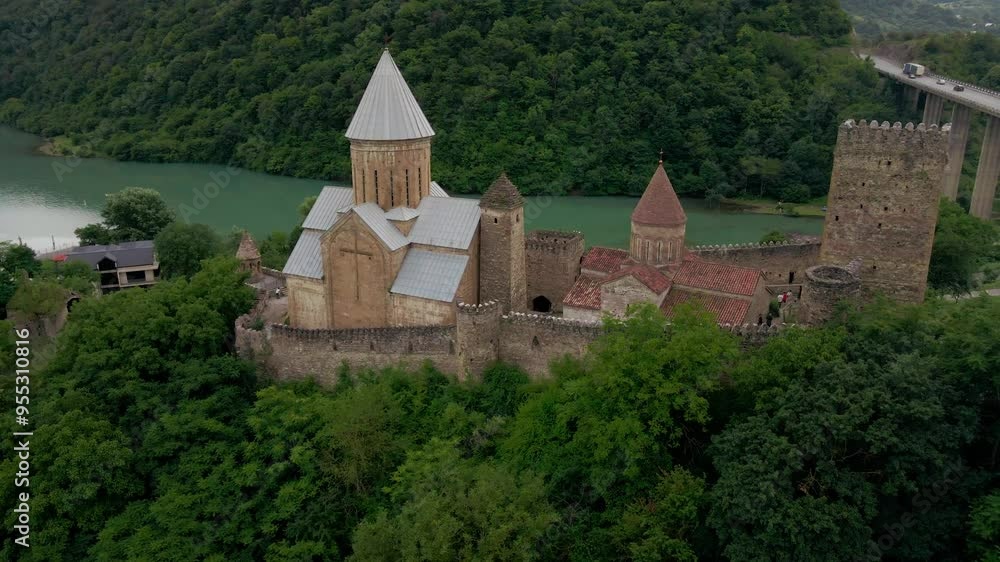 Aerial view of Ananuri fortress and church complex by the Zhinvali reservoir Aerial view of Ananuri fortress and church complex by the Zhinvali reservoir