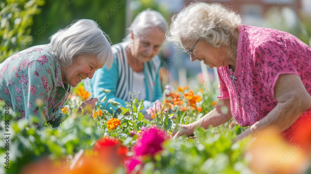Fototapeta premium Group of elderly women enjoying a sunny afternoon as they plant seeds and water flowers in a colorful community garden, their faces filled with joy and serenity. Ai generated
