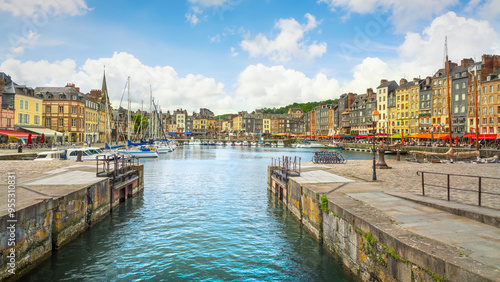 Photography Honfleur village skyline and harbor entrance. Normandy, France
