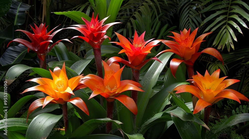 Fototapeta premium Vibrant tropical bromeliads bathed in natural sunlight