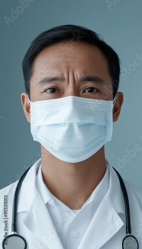 Stressed Middle-Aged Asian Male Doctor Wearing Face Mask in a Hospital Corridor, Highlighting Anxiety in Healthcare Professionals