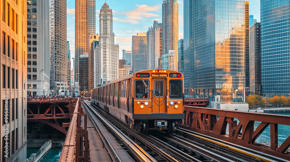 Naklejka premium The Chicago transit system train passing over a busy bridge, with pedestrians and traffic below, capturing the vibrant energy of the city. Ai generated
