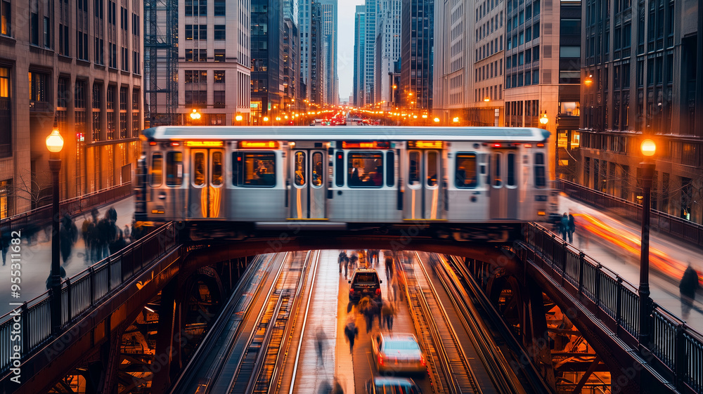 Fototapeta premium The Chicago transit system train passing over a busy bridge, with pedestrians and traffic below, capturing the vibrant energy of the city. Ai generated