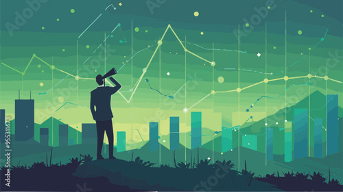 Visionary Businessman Gazing Through Telescope at Rising Green Graph, Symbolizing Investment Foresight and Opportunity Recognition