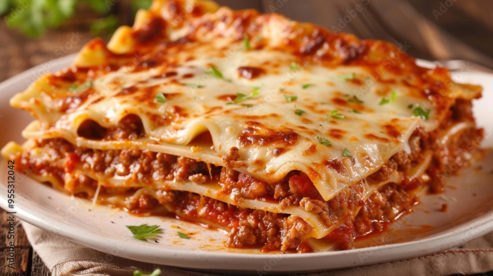 Delicious homemade lasagna dish on rustic table Delicious homemade lasagna dish on rustic table